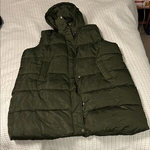 Long Olive Green Puffer Vest with Hood